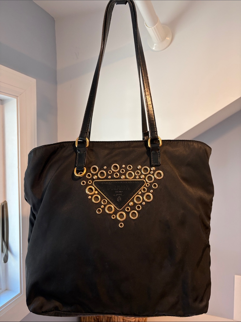 Prada Authentic Vela Gold Tone Grommet and Black Tessuto Shoulder Tote Bag